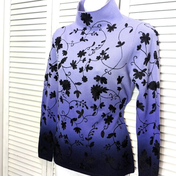 Embroidered Wool Sweater Lavender Ombre Black 90s Dana Buchman Luxury - Picture 1 of 16